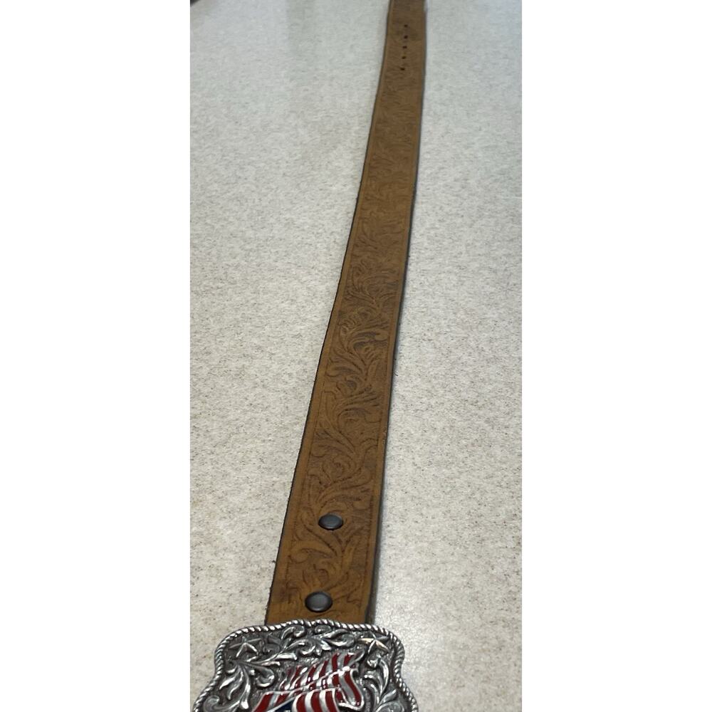 Justin Floral Tooled Leather Kids Belt American Buckle Brown Size -24 USA Flag - Picture 5 of 14